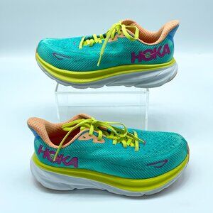 Hoka Clifton 9 Women’s Running Shoes - Mint Green, Peach, Yellow, Size 7.5 Wide